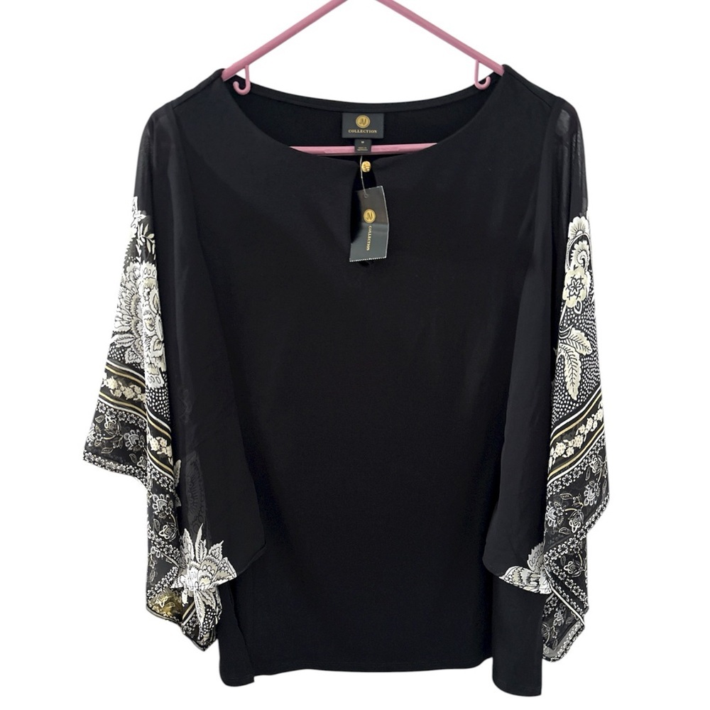 NWT JM Collection Floral Printed Kimono Overlay Sleeves Deep Black Comb Blouse M